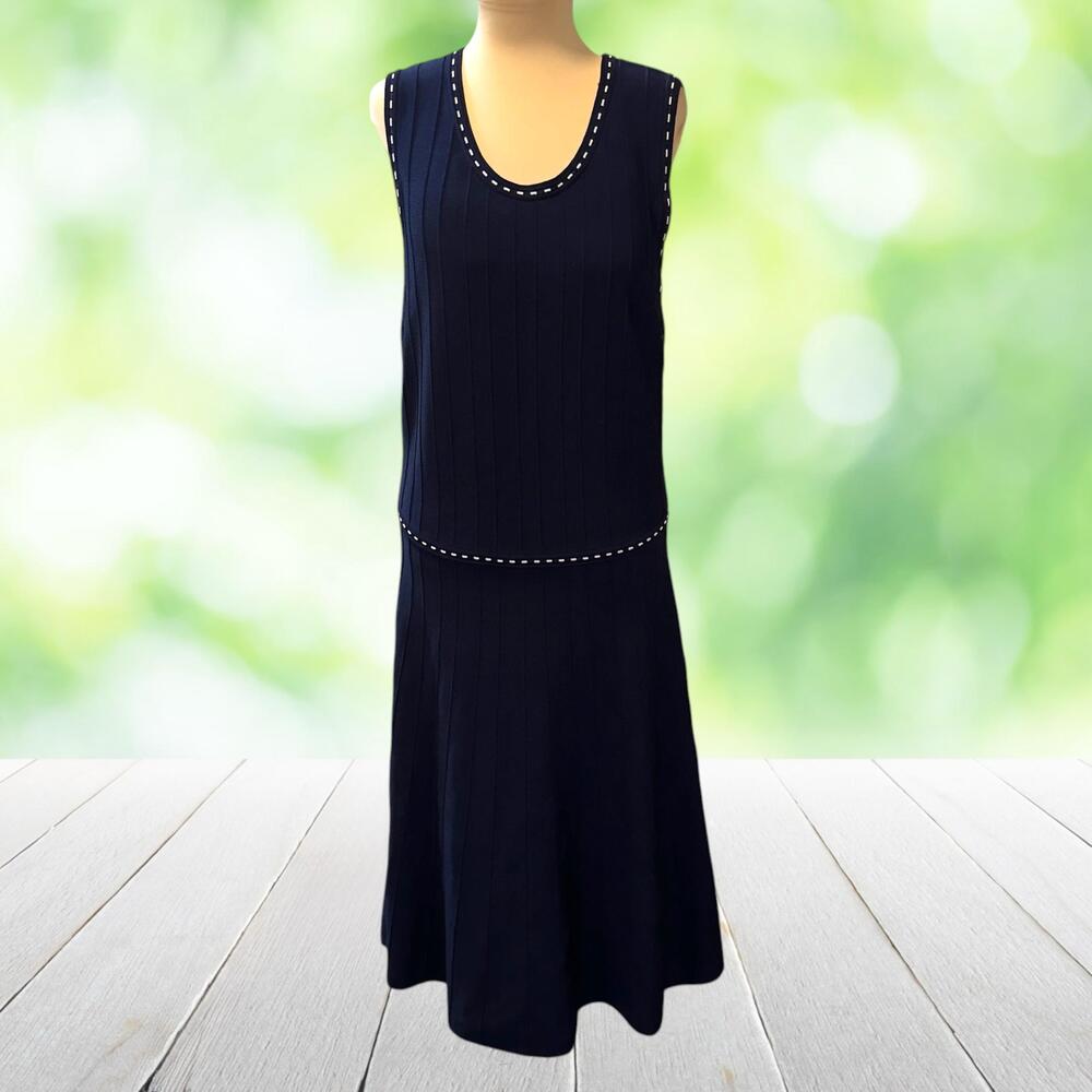 BANANA REPUBLIC Drop Waist Dress Navy Rib Knit Retro Preppy Tennis Nautical Sz L